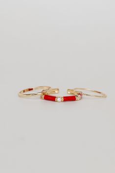 Emilee Gold Ring Set Red Stackable Open Ring, Red Stackable Open Ring Jewelry, Cute Gold Ring, Sneaker Heels Wedges, Fall Flannel, Flat Wedges, Three Rings, Gold Ring Sets, Rust Dress