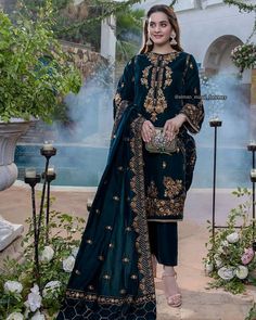 Velvet Pakistani Dress, Winter Collection 2022, New Winter Collection, Suite Design, Vintage Forest, Velvet Shawl, Pakistani Fancy Dresses, Embroidered Velvet