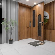 a modern entry way with wood paneling and metal accents on the door, along with a potted plant