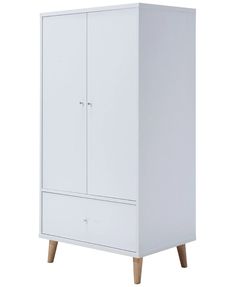 a white cabinet with two doors and wooden legs