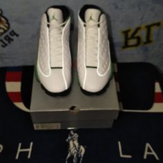 Air Jordan Retro 13 White Lucky Green Black Great Outfit Piece Casual White Jordan Shoes With Air Max Cushioning, White Leather Basketball Shoes With Air Cushioning, White Golf Shoes With Boost Midsole For Casual Wear, White Custom Sneakers With Perforations For Running, Custom White Leather Sneakers With Air Cushioning, White High-top Jordan Running Shoes, White Jordan Shoes With Perforations, White Golf Shoes With Air Max Cushioning, Custom White Sneakers With Perforations For Running