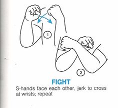 ASL sign for  "PHYSICAL FIGHT": this language has two separate signs for the English word "fight": PHYSICAL-FIGHT (above) and VERBAL-FIGHT/ARGUMENT. Asl Cuss Words, Cuss Words In Sign Language Asl, Sign Language Cuss Words, Words In Sign Language Cuss, Asl Funny Humor Sign Language, Asl Basic Signs, Sign Language Book