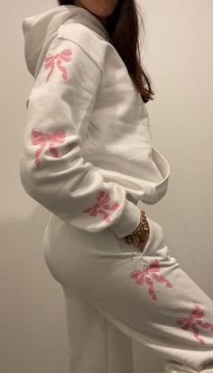 Hoodie with bow detailing Hand Made by me! Casual Long Sleeve Sweater With Bow, Casual Long Sleeve Bow Sweater, Casual Long Sleeve Tops With Bow, White Casual Tops With Bow Print, Casual White Tops With Bow Print, Coquette Sweatpants, Pink Day, Womens Sweatshirts, Womens Trousers