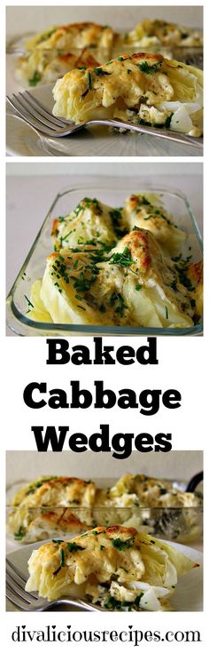 baked cabbage wedges in a glass casserole dish with cheese and herbs on top