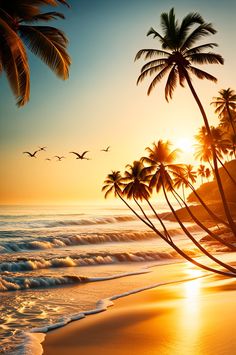 palm trees and birds flying over the ocean at sunset on a tropical beach with waves coming in