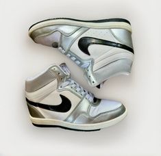 Nike Force Dunk Sky Hi Hidden Wedge Heel High White Metallic Silver Womens US 11  | eBay Nike Force, Sky High, Wedge Heels, Metallic Silver, Athletic Shoes, Force, Shoe Accessories, High Heels, Wedges