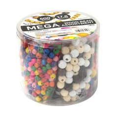 a container filled with lots of different colored beads