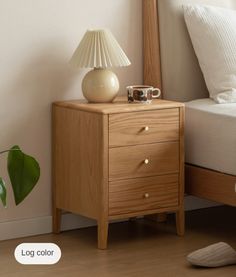 a bedroom with a bed, nightstand and lamp on the floor next to a window