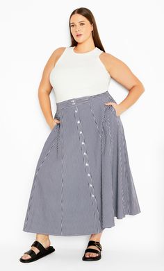 Flaunt your curves with the Skylight Skirt. Adorned with an elasticated back waistband for a figure-enhancing style and a relaxed silhouette to skim your curves, you are sure to feel your best self every time. Key Features Include: - Elasticated back waistband - Front functional pockets - Functional front button detail - Pull on style - Relaxed silhouette - Midi skirt Pair with a tee and sneakers for a casual aesthetic. | Plus Size Skirt Skylight 26 in Navy/White, Size 16/S | City Chic Skirt And Sneakers Plus Size, Aesthetic Plus Size, Plus Size Skirt, Skirt And Sneakers, White City, Your Best Self, Plus Size Skirts, Bottom Clothes, City Chic