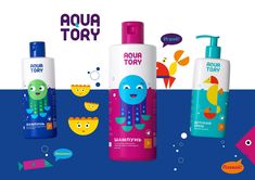 three different types of kids's shampoos on a blue and pink background