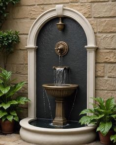 a fountain with water coming out of it in front of a brick wall and potted plants