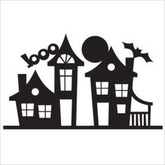 a black and white silhouette of a house with bats flying over it's roof