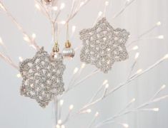 two silver and white ornaments hanging from a tree with christmas lights on the branches in front of them