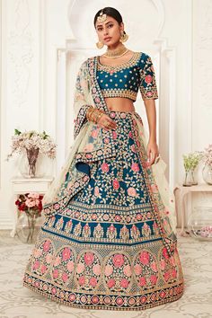 Shop Blue Slub Silk Zari And Sequins Embroidery Work Lehenga Set at best offer at our Lehenga Set Store - Karmaplace Pakistani Wedding Lehenga, Lehenga Blue, Lehenga Choli For Wedding, Bride Lehenga, Choli For Wedding, Indian Wedding Sangeet, Indian Traditional Wear, Bridesmaid Lehenga, Velvet Lehenga