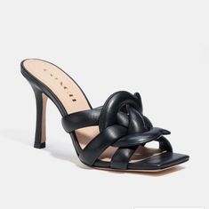 Leather Upper Leather Lining And Footbed Leather Outsole Slip On 3 1/2" Heel Style No. C8985 Blue Sandals Heels, Curated Wardrobe, Black Sandals Heels, Blue Sandals, Coach Leather, Coach Shoes, Metallic Leather, Leather Pumps, Heel Sandals