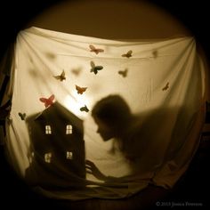 the shadow of a person standing in front of a curtain with butterflies flying over it