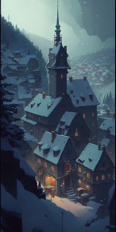 an illustration of a snowy town with a church on the top and lots of trees