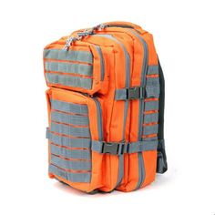 an orange and grey backpack with straps on it's back end, against a white background