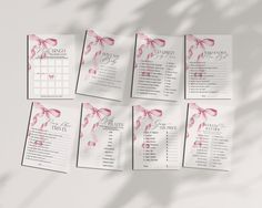 wedding seating chart with pink bows and ribbons on white paper, set of 10 cards