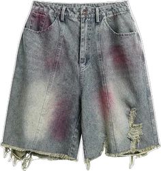 Grunge Ripped Cotton Jean Shorts, Ripped Cotton Jean Shorts Grunge Style, Trendy Faded Jean Shorts, Trendy Faded Washed Shorts, Trendy Washed Faded Shorts, Trendy Distressed Knee-length Jean Shorts, Grunge Style Ripped Shorts For Spring, Spring Grunge Jean Shorts With Pockets, Trendy Red Distressed Bottoms