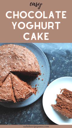 a chocolate yogurt cake on a plate with a slice cut out