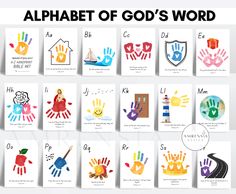 the alphabet of god's word with handprints and symbols in different colors