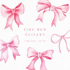 watercolor pink bow clipart with 3 bows on each side and the words, pink bow clipart