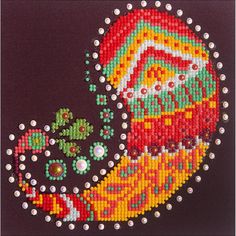 a beaded picture of a red bird on a purple background with pearls and beads