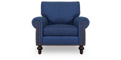 a blue chair with studding on the arms