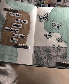 an open book with pictures and words on the pages that say, just like that, her wings unfolded and she flew