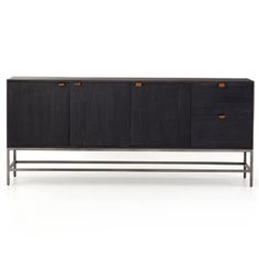 the sideboard with three drawers is shown in black wood and metal, along with an iron frame