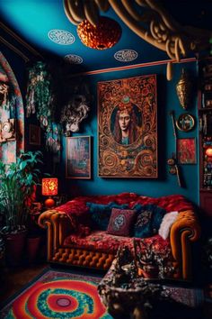 a living room filled with furniture and paintings on the wall