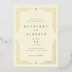 an elegant, art deco style wedding card with the letter b on it's front