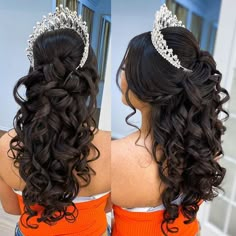 Crown Quince, Sweet 16 Hairstyles, Crown Updo, Quince Hairstyles For Long Hair, Hair Quince, Hairstyles With Crown, Quince Hairstyles With Crown, Quinceanera Hairstyles, Quince Hairstyles