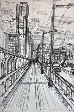 City Landscape Drawing Pencil, Perspective Drawing 1 Point, Point Perspective Drawing, Train Drawing Sketches, City Background Drawing, City Street Drawing, City Landscape Drawing, Easy Pen Sketches, City Scape Drawing