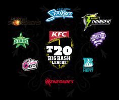 the logos for various sports teams are shown in this image, including kfc's t - 20 and big bash league