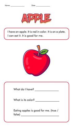 an apple worksheet with the words, i have an apple it is red in color