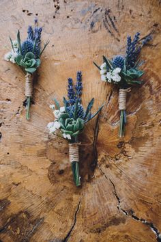 three boutonnieres with blue flowers are on a tree stump in the woods