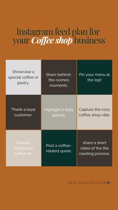 Instagram feed plan inspiration for content ideas for coffee shop businesses to post. Instagramable Cafe Ideas, Cafe Instagram Post Ideas, How To Start A Coffee Shop Business, Instagram Shop Ideas, Coffee Shop Post Ideas, Coffee Marketing Ideas