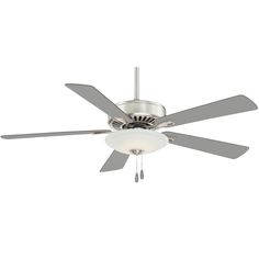 a white ceiling fan with two blades and a light on the bottom one is turned off