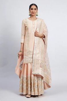 Shop for Sheetal Batra Peach Erina Chanderi Kurta Gharara Set for Women Online at Aza Fashions Sheetal Batra, Short Kurta, Embroidered Neckline, Silk Organza, Designer Gowns, Cut Work, Floral Motifs, Indian Design, Set For Women