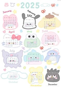 a calendar with cute animals on it and the date for each month in different colors