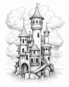 a drawing of a castle in the clouds