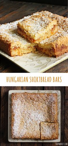 this is an image of some desserts on a plate with the words hungarian shortbread bars