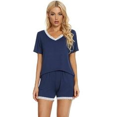 This loungewear pajamas stes for women is constructed of solid color, v-neck, pants with elastic waist and pockets, make it convenient to take on/off,  keep you pretty and comfortable all day. Featuring stretchy fabric design, soft and comfortable make you feel cozy all night, enjoy a comfortable sleep and sweet dream.No matter the cozy bedtime, casual home relax, laze afternoon, comfy bath, the soft and lightweight women's sleepwear could company with you all the time.This chic lounge sets is p Chic Lounge, Pants With Elastic Waist, Women's Sleepwear, Casual Home, Lounge Dress, Short Pajama Set, Soft Shorts, Womens Loungewear, Sleepwear Women