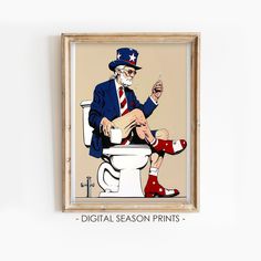 Printable Uncle Sam on Toilet offers humorous bathroom wall art featuring Uncle Sam, perfect for adding whimsy and humor to your restroom decor. This trendy and funny print is available as digital downloadable prints, allowing you to instantly enhance your space with high-quality, artistically crafted artwork. ------------------------------------------------------- -- DIGITAL DOWNLOAD -- No Physical Item will be Shipped -- This high-resolution PRINTABLE art is available to download automatically Restroom Wall Art, Toilet Wall Decor, Printable Bathroom Wall Art, Bathroom Wall Art Printables, Bathroom Printables, Wall Art Funny, Restroom Decor, Toilet Wall, Downloadable Prints