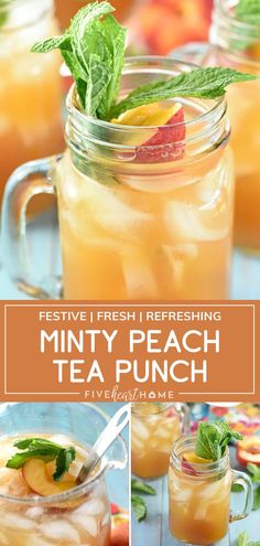 the recipe for minty peach tea punch is shown in three different pictures, including one with