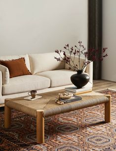 a living room with a couch, coffee table and vase on top of the rug