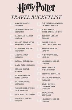 the harry potter travel bucket list is shown in black and white on a pink background