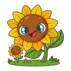 a cartoon sunflower with big blue eyes